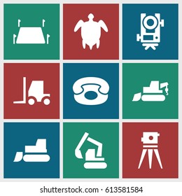 Land icons set. set of 9 land filled icons such as level equipment, excavator, tractor, theodolite, land territory, desk phone