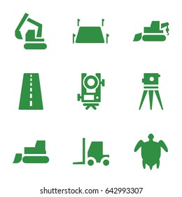 Land icons set. set of 9 land filled icons such as runway, level equipment, excavator, tractor, theodolite, land territory