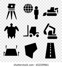 Land icons set. set of 9 land filled icons such as runway, excavator, tractor, theodolite, land territory, turtle  illsutration