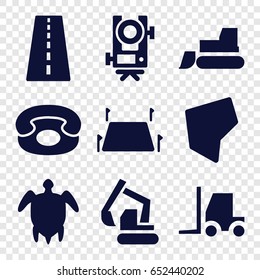 Land icons set. set of 9 land filled icons such as runway, level equipment, excavator, tractor, land territory, desk phone
