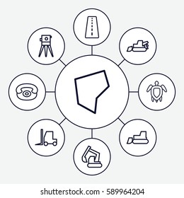 land icons set. Set of 9 land outline icons such as runway, excavator, tractor, theodolite, land territory, desk phone