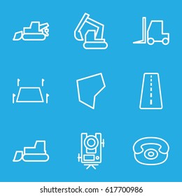 Land icons set. set of 9 land outline icons such as runway, level equipment, excavator, tractor, land territory