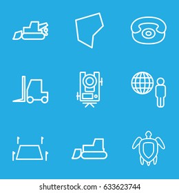 Land icons set. set of 9 land outline icons such as level equipment, excavator, tractor, land territory, desk phone, turtle  illsutration