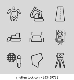 Land icons set. set of 9 land outline icons such as runway, level equipment, excavator, tractor, theodolite, land territory, turtle  illsutration