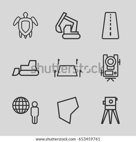 Land icons set. set of 9 land outline icons such as runway, level equipment, excavator, tractor, theodolite, land territory, turtle  illsutration