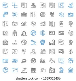 land icons set. Collection of land with barn, farmer, map, farm house, drought, planet earth, earth, globe, field, earth globe, fertilizer. Editable and scalable land icons.