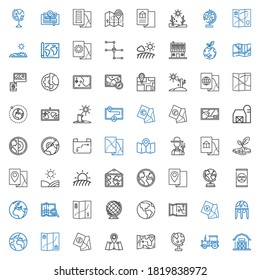 land icons set. Collection of land with barn, tractor, globe, map, planet earth, earth globe, earth, fertilizer, field, drought, farmer, farm house. Editable and scalable land icons.