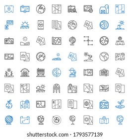 land icons set. Collection of land with globe, map, earth globe, earth, drought, planet earth, field, farmer, farm house, barn, fertilizer. Editable and scalable land icons.