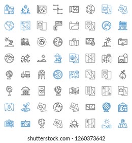 land icons set. Collection of land with map, field, globe, earth globe, earth, drought, fertilizer, barn, planet earth, tractor, farmer, farm house. Editable and scalable land icons.