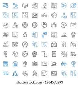 land icons set. Collection of land with map, farmer, drought, globe, tractor, field, barn, farm house, fertilizer, earth globe, planet earth. Editable and scalable land icons.