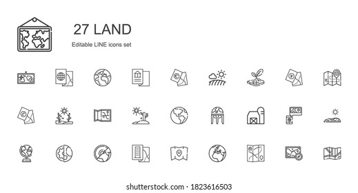 land icons set. Collection of land with map, earth, planet earth, earth globe, barn, drought, field. Editable and scalable land icons.