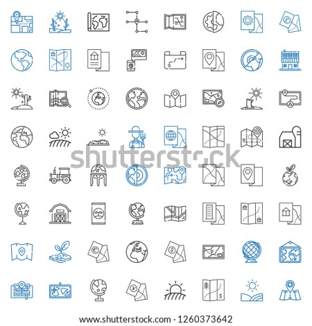 land icons set. Collection of land with map, field, globe, earth globe, earth, drought, fertilizer, barn, planet earth, tractor, farmer, farm house. Editable and scalable land icons.