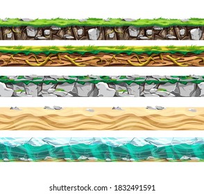 Land layer set. Horizontal seamless land layer collection. Land surface with stones, grass, sand, roots, water, ice. Cartoon game field, lawn, desert texture vector illustration