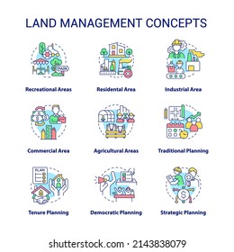 Land management concept icons set. Recreational and residential areas idea thin line color illustrations. Strategic plan. Isolated symbols. Editable stroke. Roboto-Medium, Myriad Pro-Bold fonts used