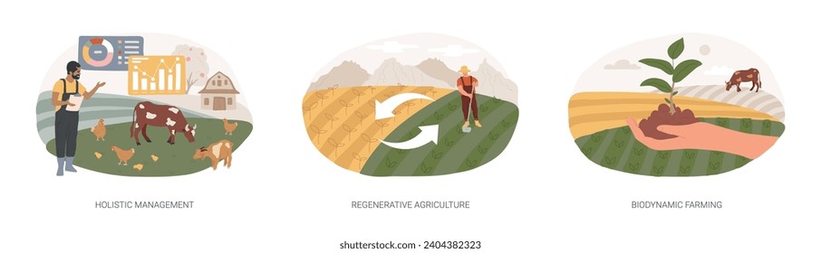 Land management isolated concept vector illustration set. Holistic management, regenerative agriculture, biodynamic farming, plant growth, planting calendar, soil fertility vector concept.