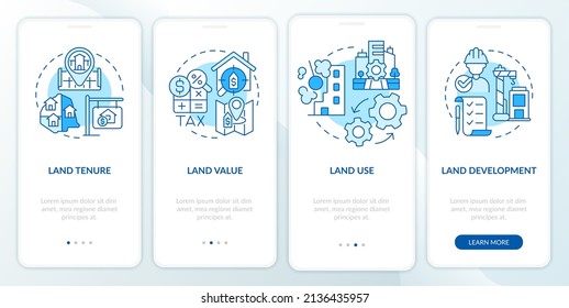 Land management practice blue onboarding mobile app screen. Walkthrough 4 steps graphic instructions pages with linear concepts. UI, UX, GUI template. Myriad Pro-Bold, Regular fonts used