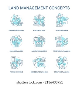 Land management turquoise concept icons set. Democratic planning idea thin line color illustrations. Strategic plan. Isolated symbols. Editable stroke. Roboto-Medium, Myriad Pro-Bold fonts used