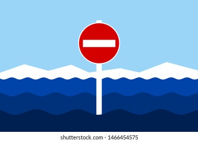 Land and No entry and Do not enter traffic sign in ocean, sea and water. Entrance to territorial waters is forbidden