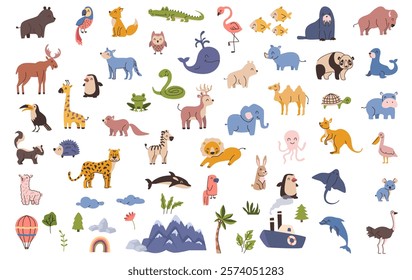 Land and ocean creatures, biodiversity of animal and plant species. Vector cartoon fauna and flora, isolated amphibians and fishes, mammals and birds, reptiles and mollusks, mountains and clouds