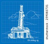 land oil drilling complex also called oil rig. EPS10 vector illustration imitating blueprint style scribbling with white marker.