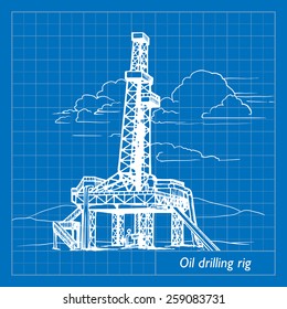 land oil drilling complex also called oil rig. EPS10 vector illustration imitating blueprint style scribbling with white marker.
