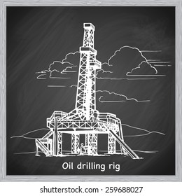 land oil drilling complex also called oil rig. EPS10 vector illustration in a sketchy style imitating scribbling on the blackboard.