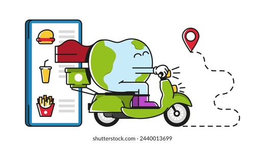 Land on a moped does courier delivery. Graphic design. Vector illustration.