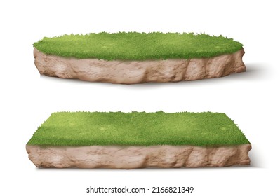 Land pieces with green grass realistic vector illustration. Trimmed round and square park or garden plots with soil and plants, perspective view isolated on white background