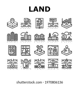 Land Property Business Collection Icons Set Vector. Land Rent And Sale, Residential Apartment And Estate, Public And Recreational Zone Black Contour Illustrations