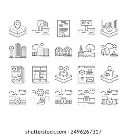 Land Property Business Collection Icons Set Vector. Land Rent And Sale, Residential Apartment And Estate, Public And Recreational Zone Black Contour Illustrations