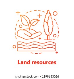Land resources concept icon. Ecosystem idea thin line illustration. Natural resources. Agriculture. Rural landscape. Vector isolated outline drawing