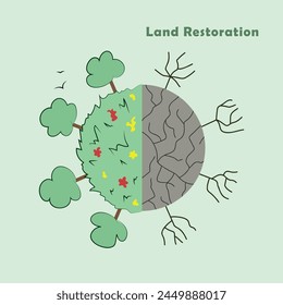 Landrestaurierung und Wiederbelebung unserer Erde, Umwelttag 2024, Vorher-Nachher-Vektorillustration