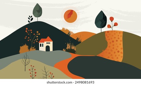 Land scape Boho style scenario hill with sunset. Vector illustrator