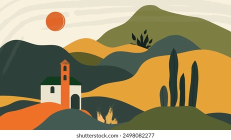 Land scape Boho style scenario abstract hill with sunset. Vector illustrator