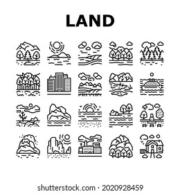 Land Scape Nature Collection Icons Set Vector. Desert And Forest, Meadow And Industrial Metropolis, Sea And Ocean, Tundra And Taiga Land Black Contour Illustrations
