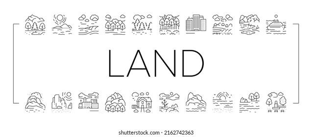 Land Scape Nature Collection Icons Set Vector. Desert And Forest, Meadow And Industrial Metropolis, Sea And Ocean, Tundra And Taiga Land Black Contour Illustrations