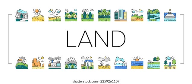Land Scape Nature Collection Icons Set Vector. Desert And Forest, Meadow And Industrial Metropolis, Sea And Ocean, Tundra And Taiga Land Line Pictograms. Contour Color Illustrations