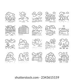 Bilder der Kollektion Landschaftsbild setzen Vektorgrafik. Schwarze Kontrastbilder von Wüsten und Wäldern, Weiden und Industriemetropolen, Meeres- und Ozeane, Tundra und Taiga Land