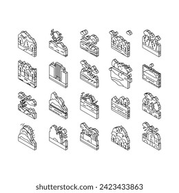 Land Scape Nature Collection isometric icons set. Desert And Forest, Meadow And Industrial Metropolis, Sea And Ocean, Tundra And Taiga Land Line Pictograms. Contour Color .