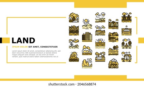 Land Scape Nature Landing Web Page Header Banner Template Vector. Desert And Forest, Meadow And Industrial Metropolis, Sea And Ocean, Tundra And Taiga Land Illustration