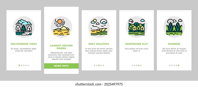 Land Scape Nature Onboarding Mobile App Page Screen Vector. Desert And Forest, Meadow And Industrial Metropolis, Sea And Ocean, Tundra And Taiga Land Illustrations