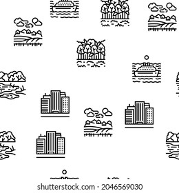 Land Scape Nature Vector Seamless Pattern Thin Line Illustration