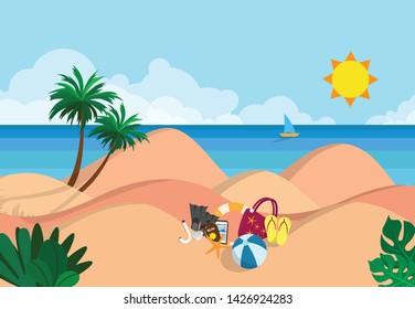 land scape view of the sea landscape with summer coconut trees in day time with white sand beach, blue sea and clear blue sky and beach stuffs 