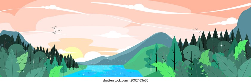 paisaje silvestre y río por la noche antes de la puesta del sol diseño plano 
escena amplia