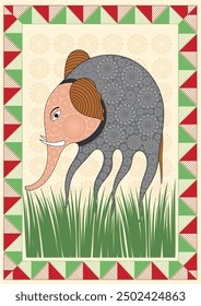 Land- und Meeresfusion: Ein faszinierendes Gond-Kunstwerk aus Elefant und Oktopus. Gond Elefant Tintenfisch Malerei, indische Volkskunst Hybrid Kreatur, Tribal Fantasy Kunst, Gond mythische Kreatur Kunst.