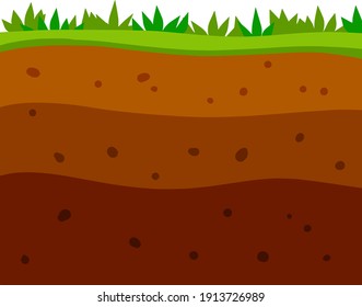 Land in the section. Brown soil layer. Background for archaeology. Underground geology. Summer landscape. Flat cartoon