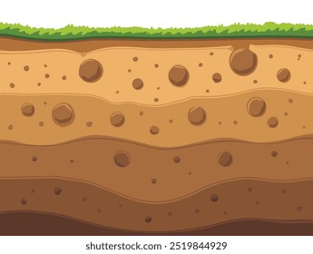 Terreno em seção com camadas de solo castanho. Ilustração de desenho plano ideal para temas de arqueologia e geologia subterrânea. Perfeito para projetos de paisagem de verão e materiais educacionais.