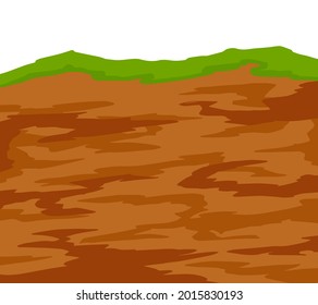 Land in the section. Underground background. Archaeological scenery. Brown ground. Dirt clay and green grass. Vector cartoon. Geological layer