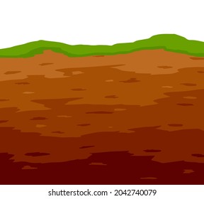 Land In Section. Underground Background. Archaeological Scenery. Dirt Clay And Green Grass. Vector Cartoon. Brown Ground. Geological Layer