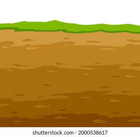 Land in the section. Underground background. Geological layer. Archaeological scenery. Brown ground. Dirt clay and green grass. Vector cartoon